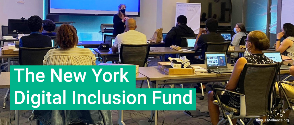 adults in classroom with text New York Digital Inclusion Fund