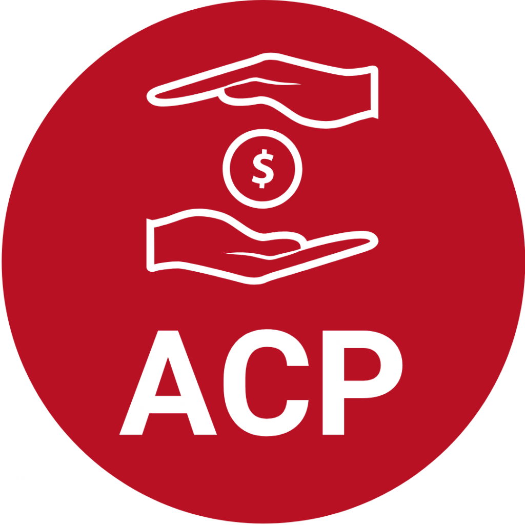 Hands with a dollar sign in between them and the letters ACP beneeath the hands