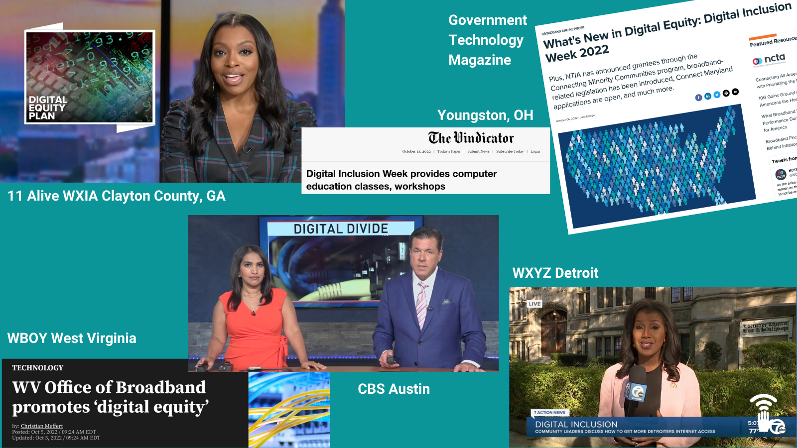 Collage with three pictures of reporters from local TV news and three screenshots from online news stories