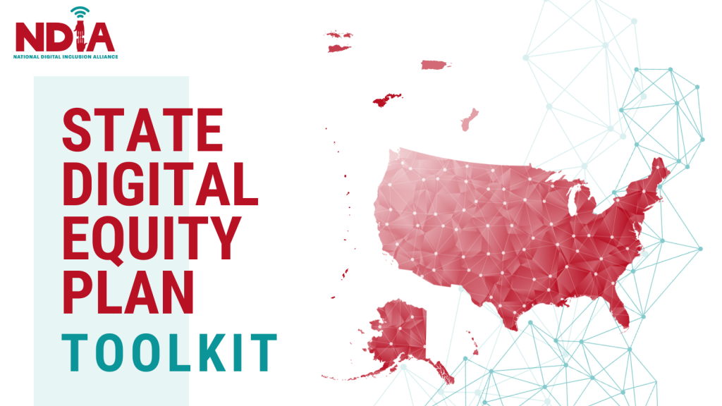 State Digital Equity Plan Toolkit with red map of the US and territories and teal network lines in the background