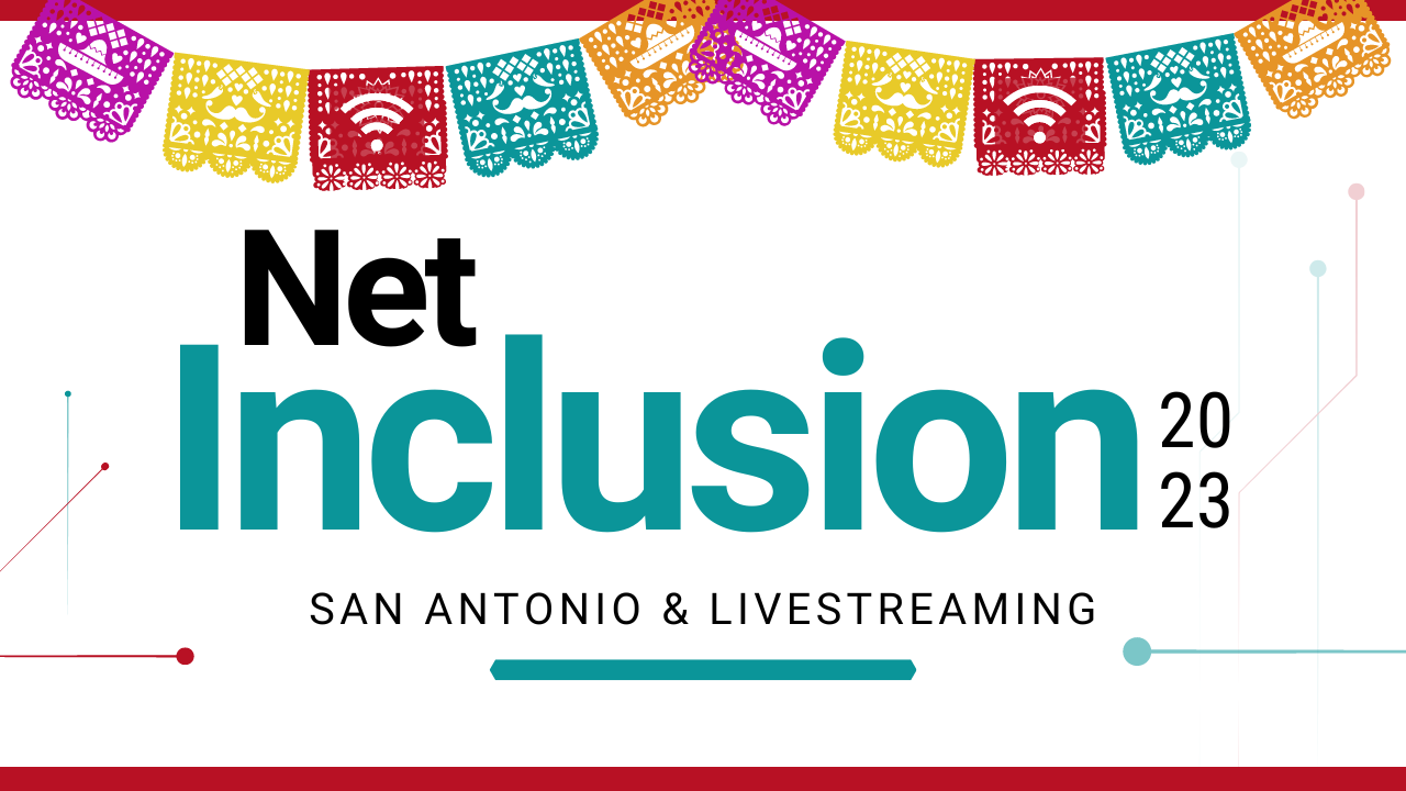 Net Inclusion 2023 graphic with multi colored fiesta flags