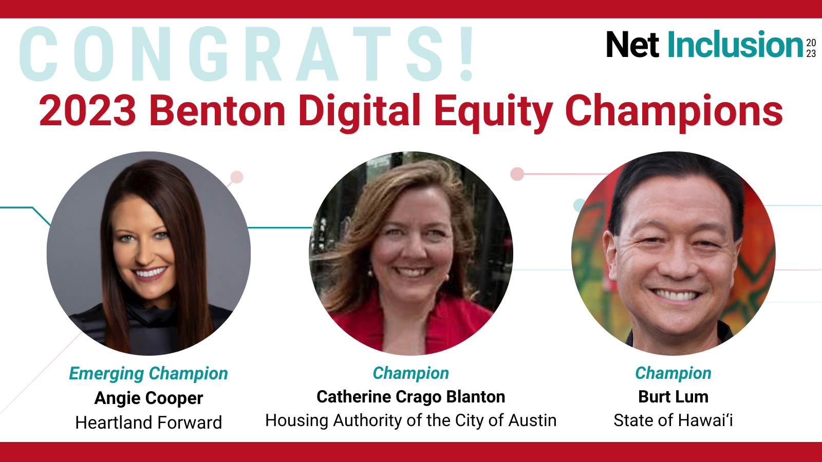 Graphic with Benton Digital Equity Champions and three headshots - 2 women and one man