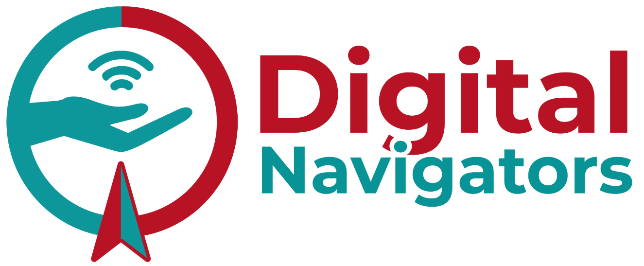 Digital Navigators logo Green and Red circle with a compass arrow pointing up and a hand reaching out with a wifi symbol