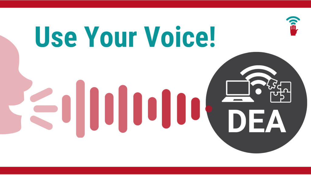 Graphic - Use Your Voice text is in green. A simplified graphic of a person's head is on the left with lines representing audio and leading to a dark circle graphic with 