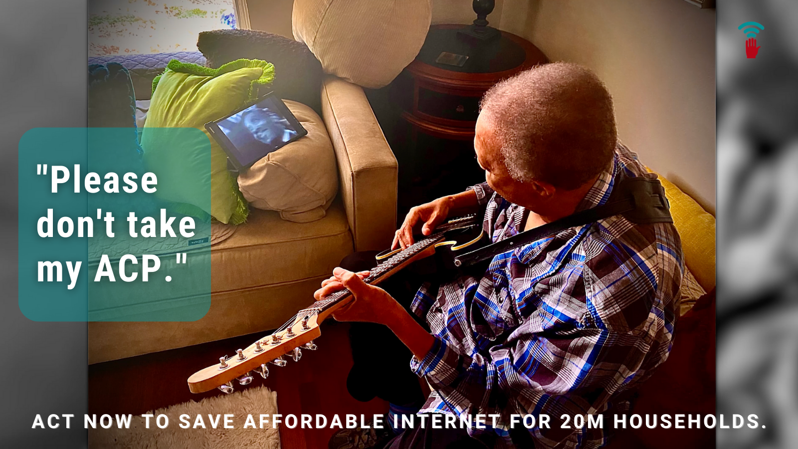 Photograph from above shows an older Black man holding a guitar while watching a tablet that's perched on the couch in front of him. Text reads: Please don't take my ACP.
