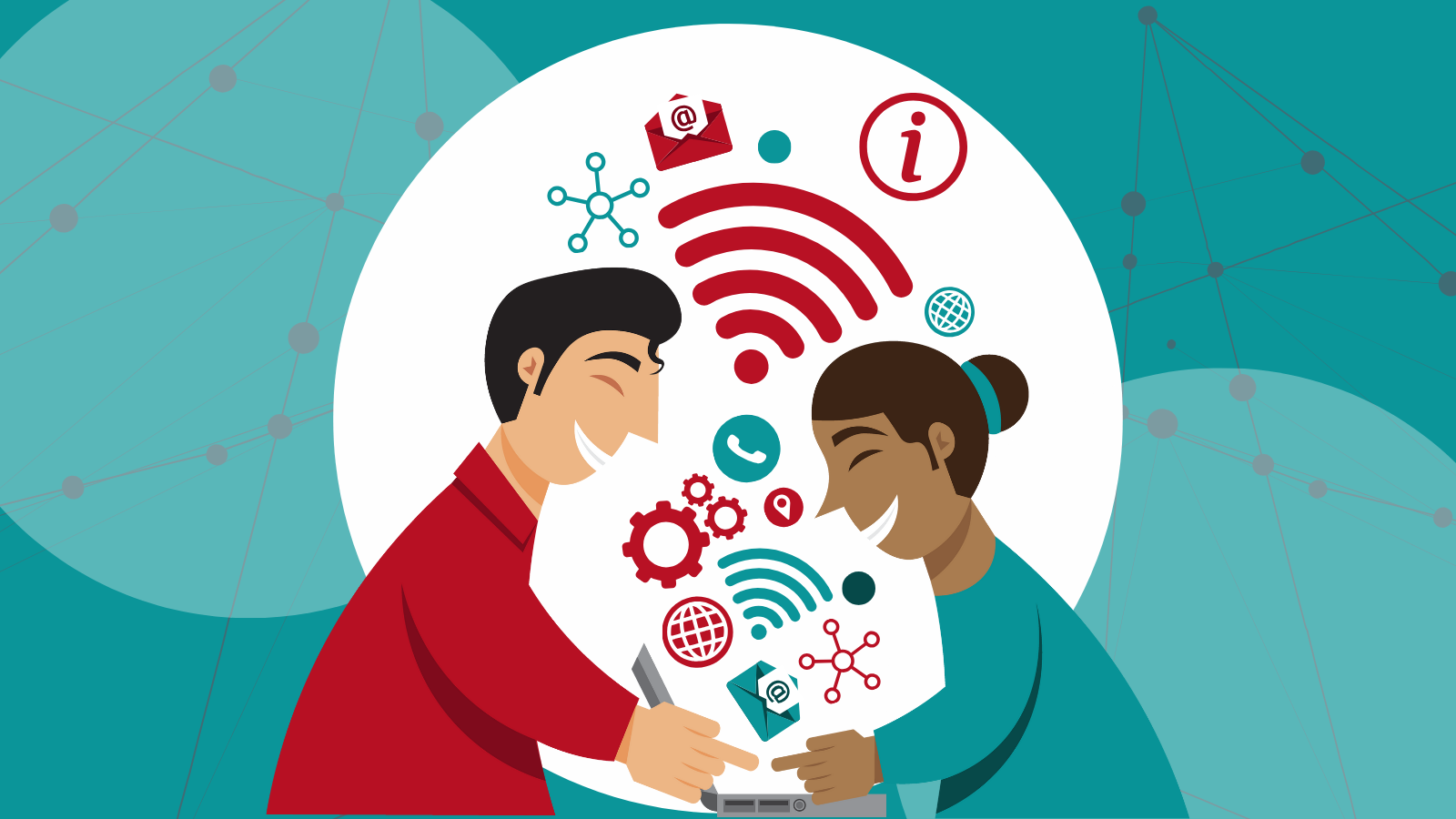 Graphic illustration with two figures facing each other and symbols of wifi, information, world wide web, email, networking