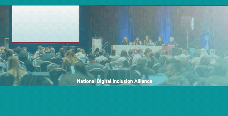 GIF graphic illustration shows the back of a crowd of people facing 5 speakers at a table on a stage. In the foreground: A woman in a brown suit with glasses, NDIA Logo, and 2023 Impact Report