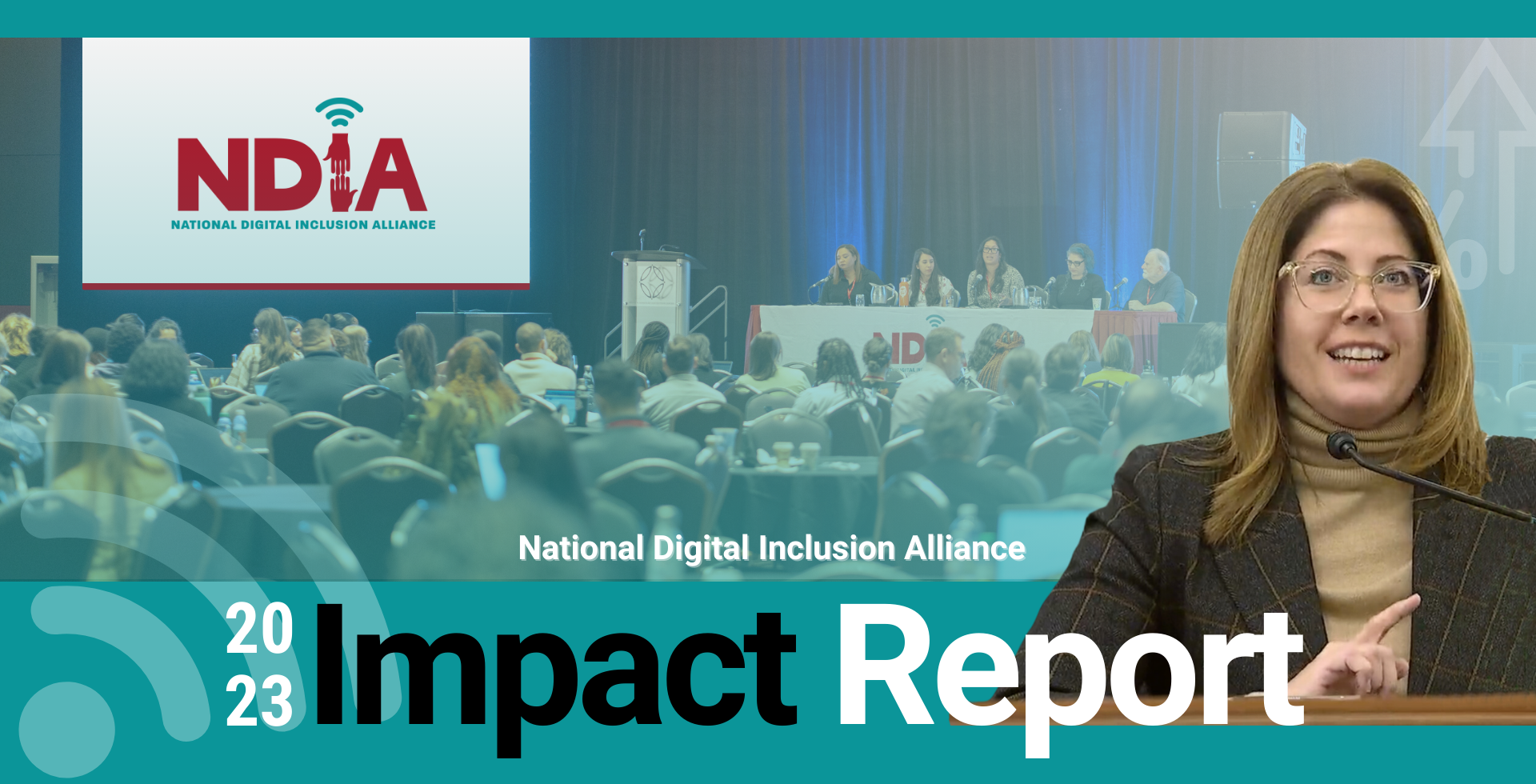 graphic shows the back of a crowd of people facing 5 speakers at a table on a stage. In the foreground: A woman in a brown suit with glasses, NDIA Logo, and 2023 Impact Report